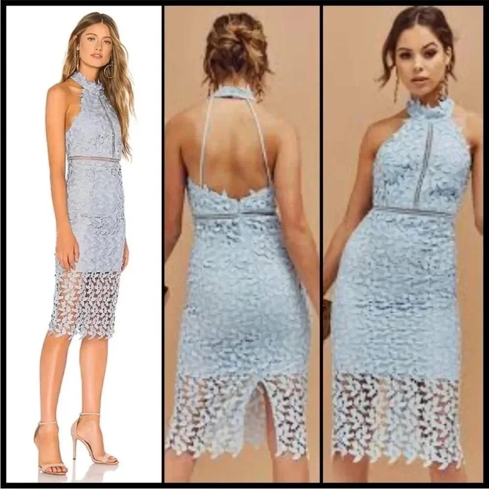 Bardot Gemma Dress in Dusty Blue 4 Revolve Lacy Classy Embroidered Floral EUC - Picture 1 of 12